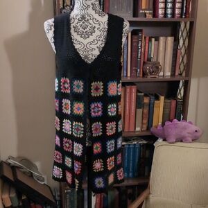 Black Crochet Vest with Multicolor Granny Squares